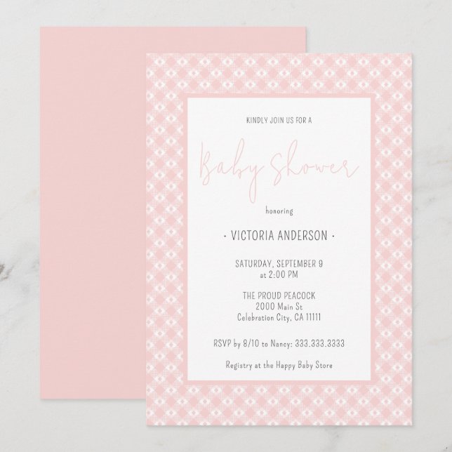 Invitation en vichy mignon Pastel Baby shower de fille rose (Devant / Derrière)
