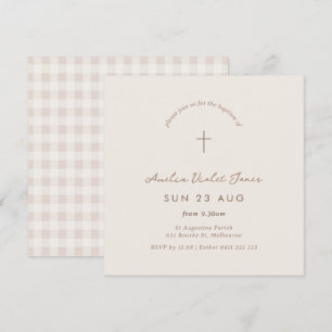 Invitation En vichy minimaliste Baptême Christening Carré Inv