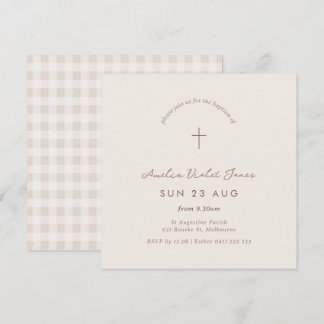 Invitation En vichy minimaliste Baptême Christening Carré Inv