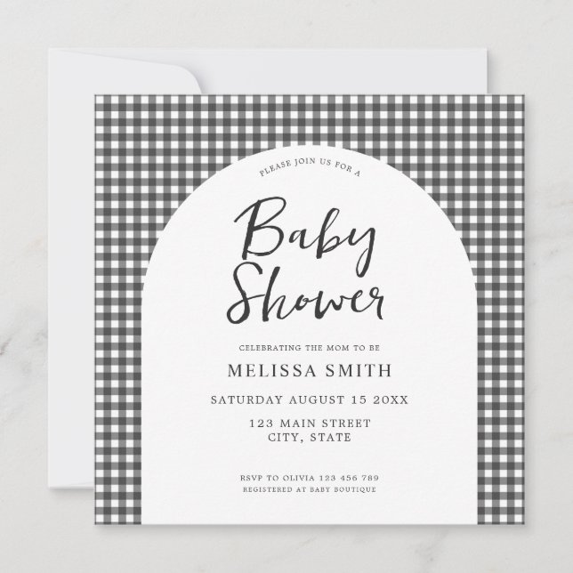 Invitation en vichy noir blanc À damiers Baby shower plaqué (Devant)