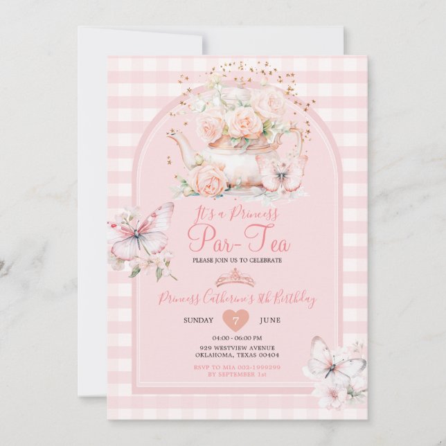 Invitation en vichy papillon rose ParTea Anniversaire (Devant)