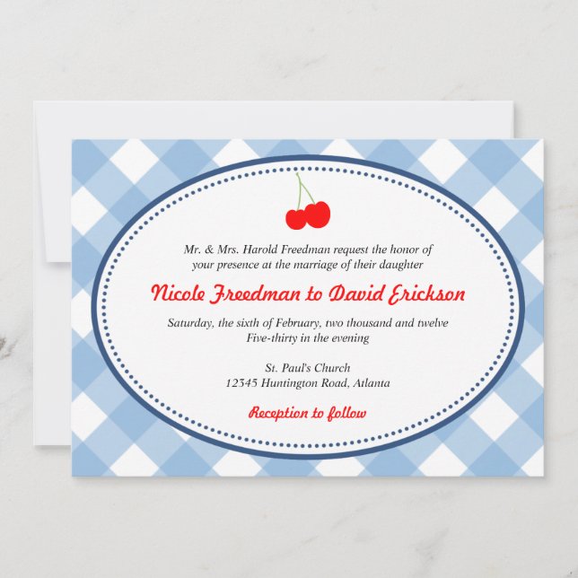 Invitation En vichy pays bleu rustique rouge cerise mariage (Devant)
