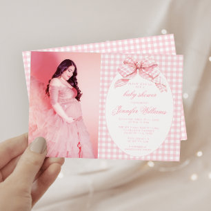 Invitation En vichy rose Coquette Bow Baby Girl Douche Photo