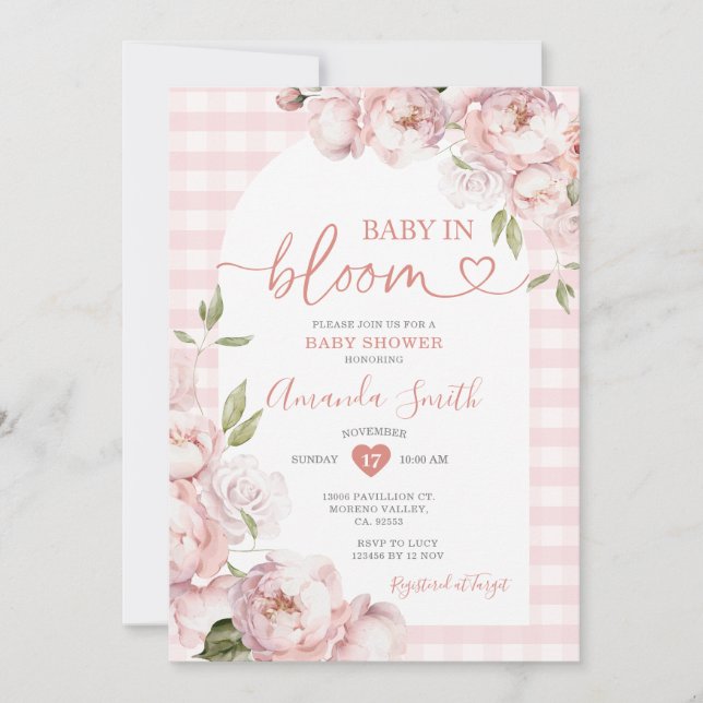 Invitation En vichy rose fille Baby shower bébé en fleur (Devant)
