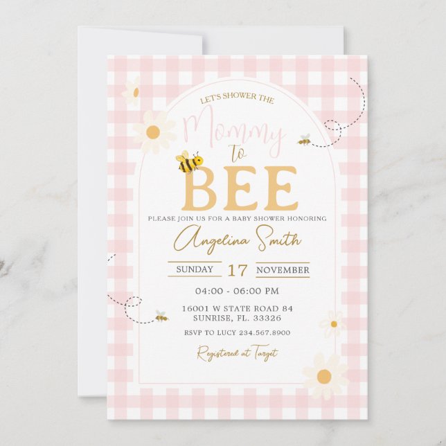 Invitation En vichy Rose Marguerites Avoir Baby shower Maman  (Devant)
