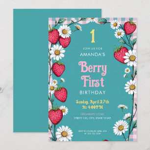 Invitation En vichy rose vintage et fraises 1er anniversaire