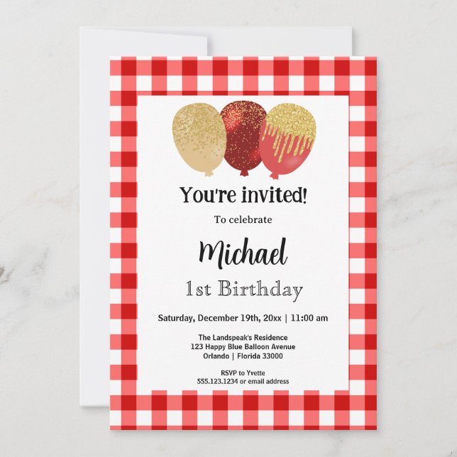 Invitation En vichy rouge, Ballons de fête 1er anniversaire (Devant)