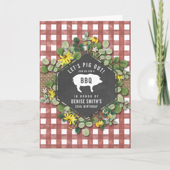 Invitation En vichy rouge Cochon Burlap Floral Anniversaire B (Devant)