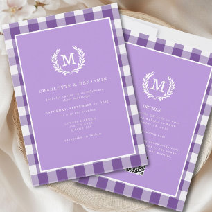 Invitation En vichy violet monogramme Crest QR Code