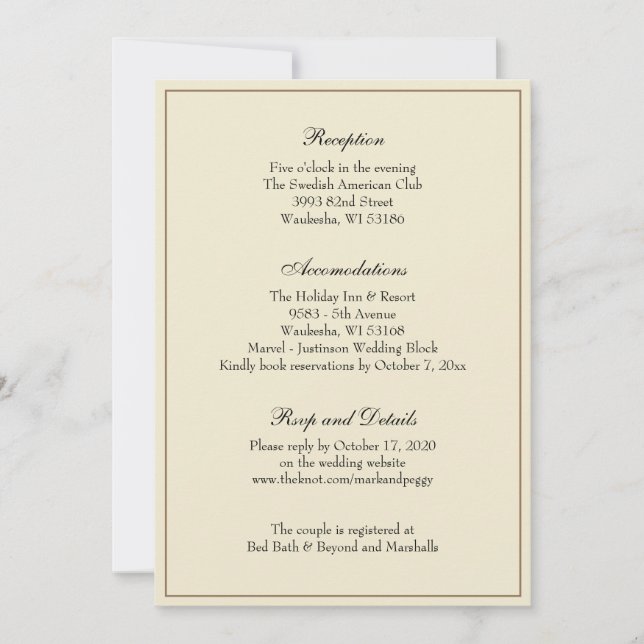 Invitation Encart de réception de mariage classique élégant s (Devant)