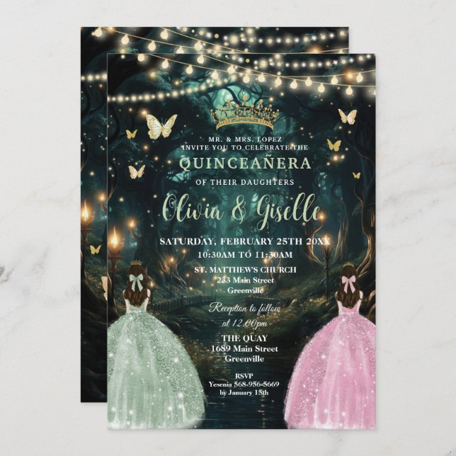 Invitation Enchanté Forêt Sage Vert Rose Jumeaux Quinceañera (Devant / Derrière)
