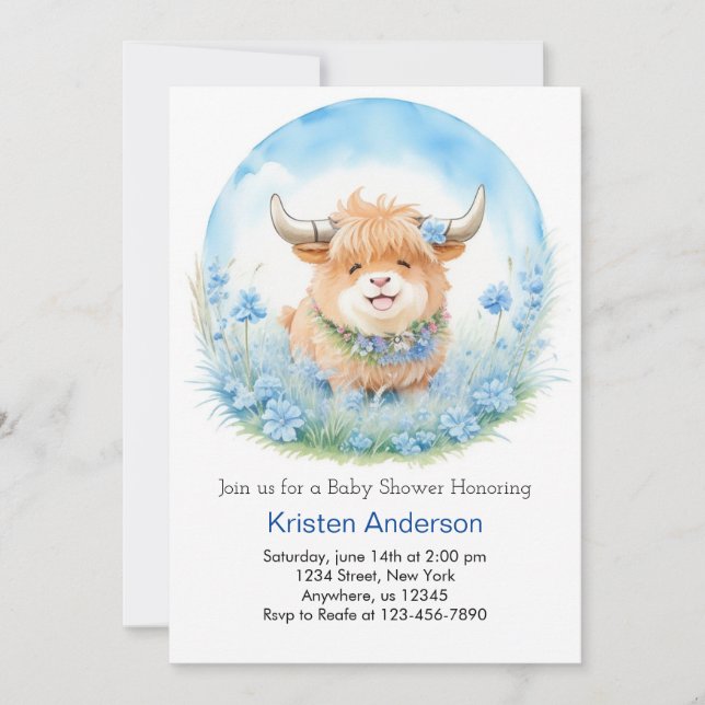 Invitation Enchanted Highland Cow Blisser Boy Baby shower (Devant)