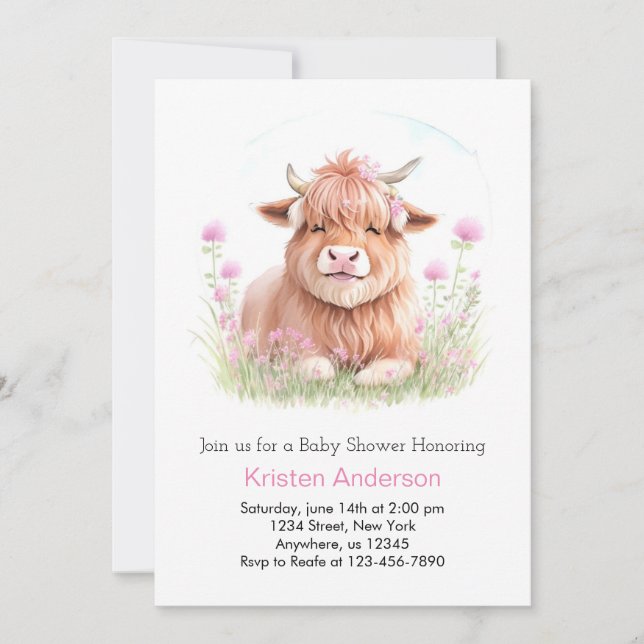 Invitation Enchanted Highland Cow Blissful Girl Baby shower (Devant)