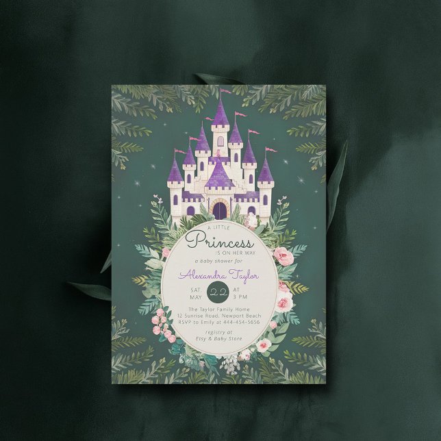 Invitation Enchanted Princess Castle Roses Baby Girl Douche (princess girl baby shower invitation enchanted forest magical castle roses greenery frame)