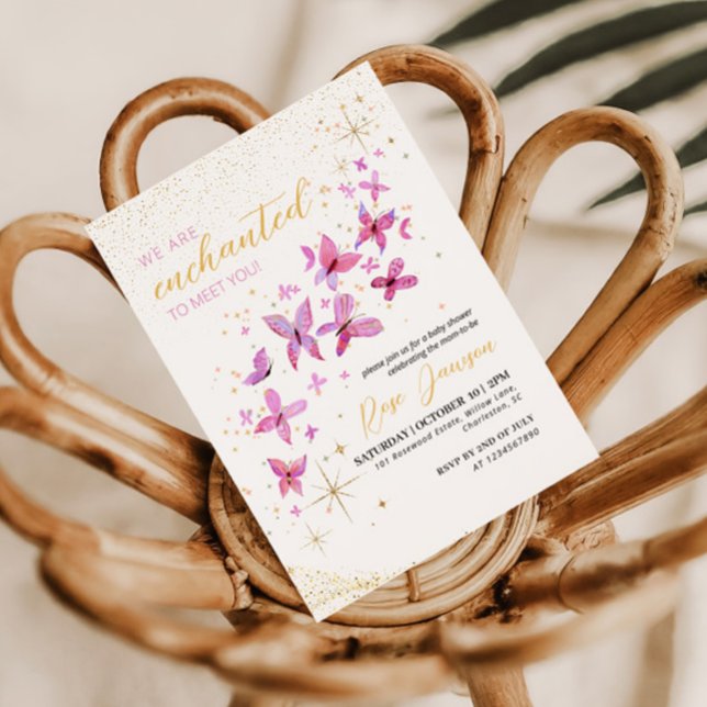 Invitation Enchanted To Meet You Butterfly Baby Shower (Magical pink and gold glitter baby shower invitation design for our mom to be and her little girl)