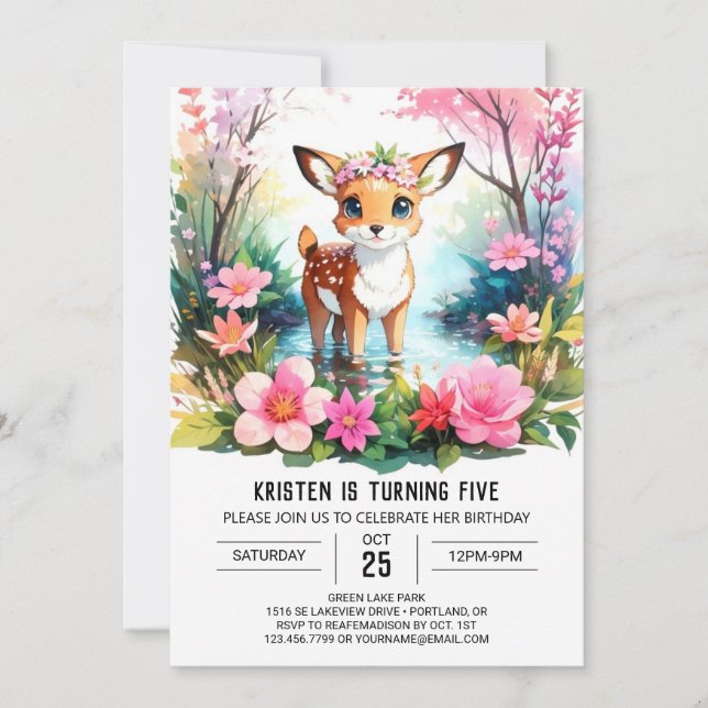 Invitation Enchanter l'aquarelle de la Faune Woodland Girl An (Devant)