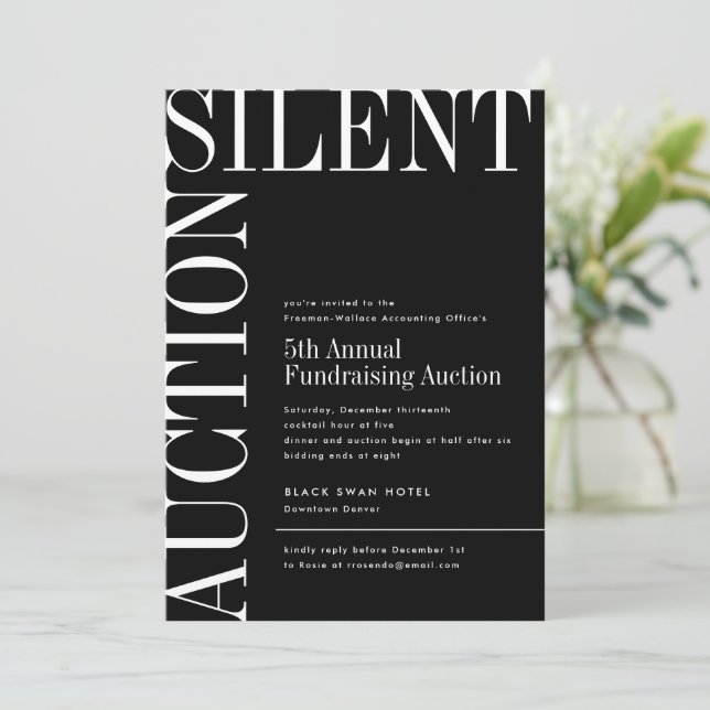 Invitation Enchère silencieuse en noir et blanc grand texte I (Debout devant)