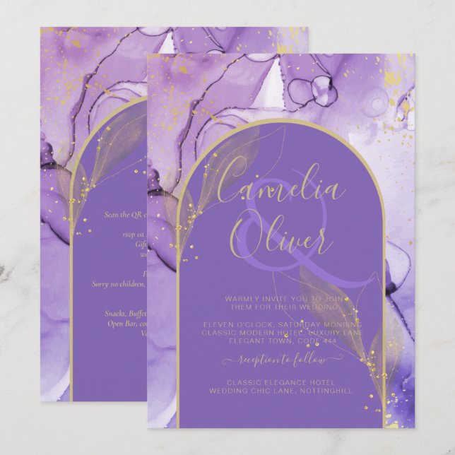 Invitation Encre Abstrait PURPLE OR Lavande Mariage INVITE (Devant / Derrière)