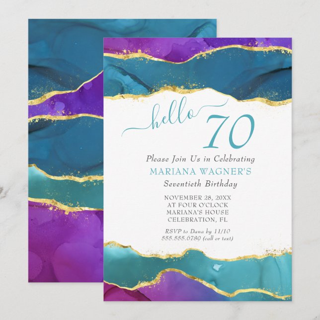 Invitation Encre Abstraite Fuchsia Pink Or Turquoise 70e anni (Devant / Derrière)