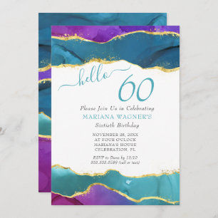 Invitation Encre Abstraite Fuchsia Rose Turquoise Or 60e anni