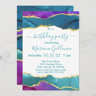 Invitation Encre Abstraite Fuchsia Rose Turquoise or fête d'a