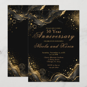 Invitation Encre alcoolique noire élégante or pour 50e annive