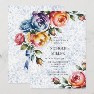 Invitation Encre Alcoolique Roses Bleu Orange Brunch & Bulles