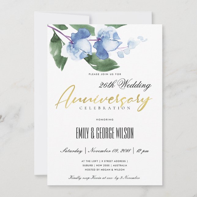 INVITATION ENCRE BLEU VERT LAVIS AQUARELLE FLEUR ANNIVERSAIRE (Devant)
