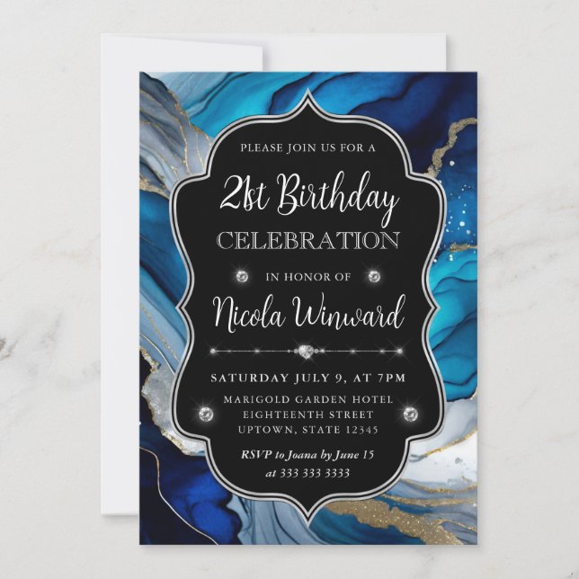 Invitation Encre d'alcool bleu, argent et or 21e anniversaire (Devant)