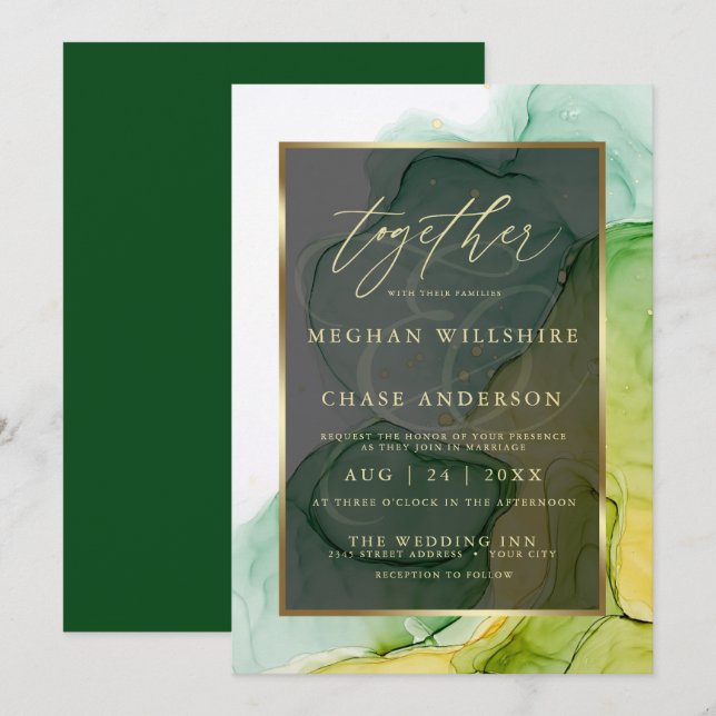 Invitation Encre d'alcool moderne vert et or (Devant / Derrière)
