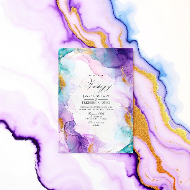 Invitation Encre d'alcool violet et bleu de luxe avec accents (Luxe Purple and Blue Alcohol Ink with Gold Accents Invitation)