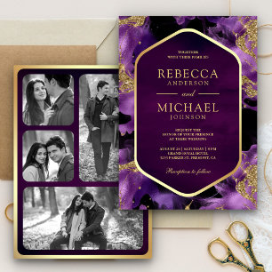 Invitation Encre fluide abstraite or violet Photo mariage