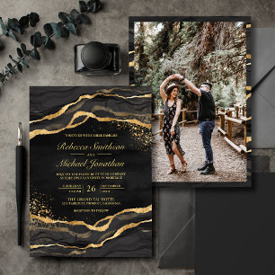 Invitation Encre fluide d'or noir Photo Mariage
