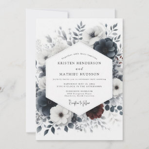 Invitation Encre lavée bleue poussiéreuse Fleurs de mariage
