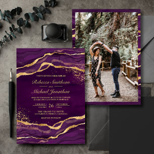 Invitation Encre Liquide Or Violet Photo Mariage