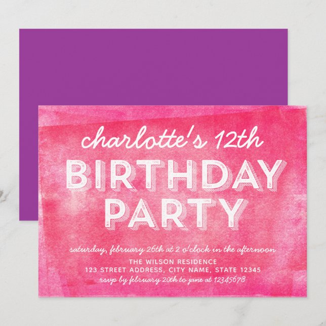Invitation Encre Roulée Rose N'Importe Quel Âge Anniversaire  (Devant / Derrière)