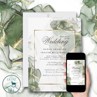 Invitation Encre verte sauge discrète or de mariage