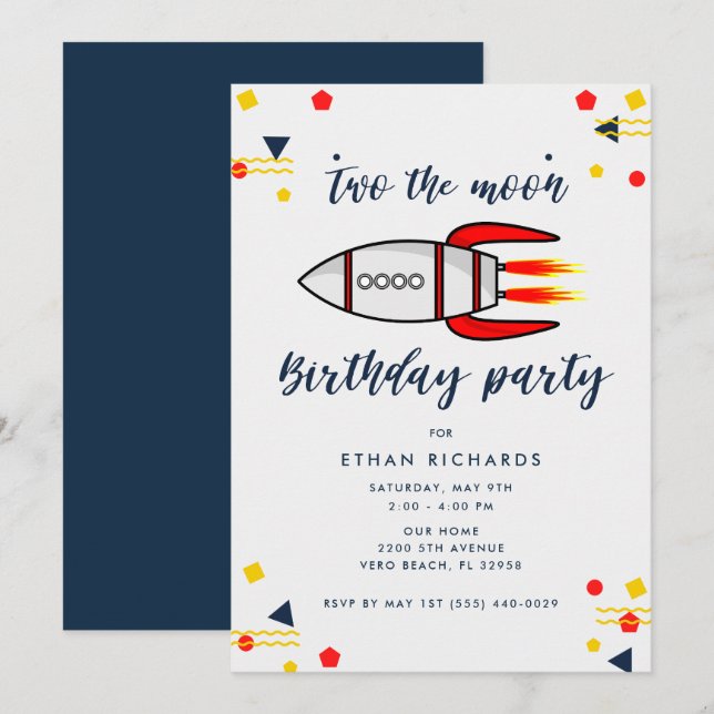 Invitation Enfant Anniversaire Deux la Lune Rocket Space Thèm (Devant / Derrière)