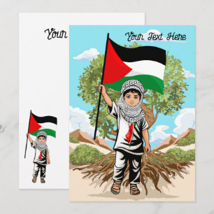Invitation Enfant avec Keffiyeh Palestine Drapeau et olivier