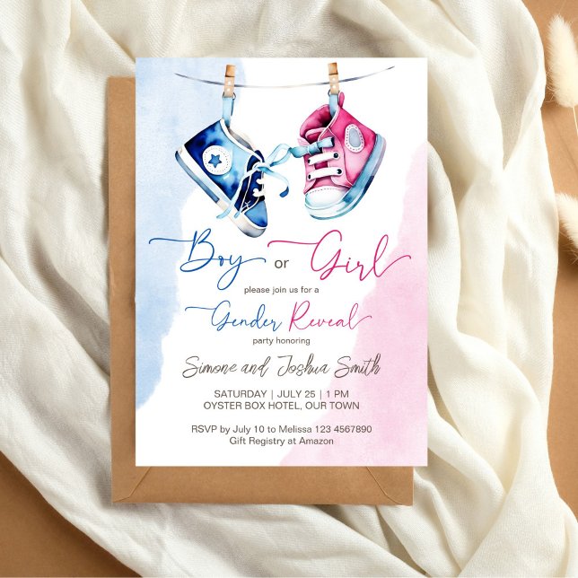Invitation Enfant basket garçon ou fille rose bleu sexe révél (Baby sneakers boy or girl pink blue gender reveal editable template invitation digital download)