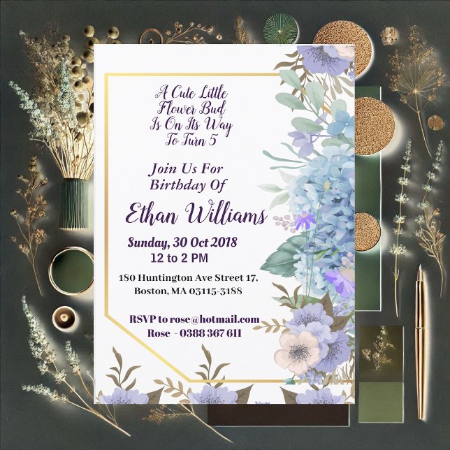 Invitation Enfant bleu doux Petit Bud Fleur Hydrangea Anniver (Kid Soft Blue Little Flower Bud Hydrangea Birthday Invitation)