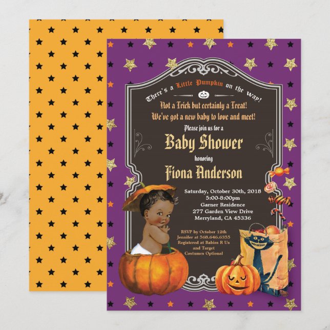 Invitation Enfant citrouille d'Halloween douche doré violet (Devant / Derrière)