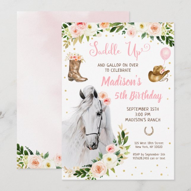 Invitation Enfant de la petite fille Saddup Horse Pony Annive (Devant / Derrière)
