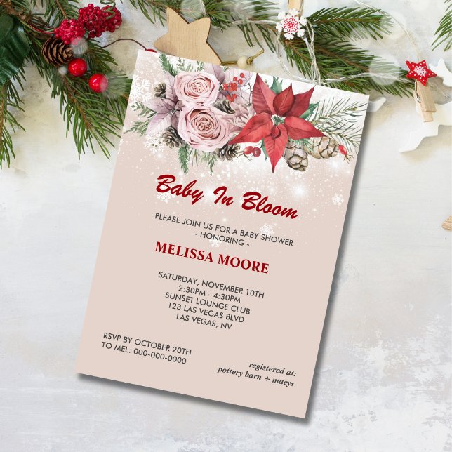 Invitation Enfant d'hiver en fleur rose fleurie poinsettia ro (Créateur téléchargé)