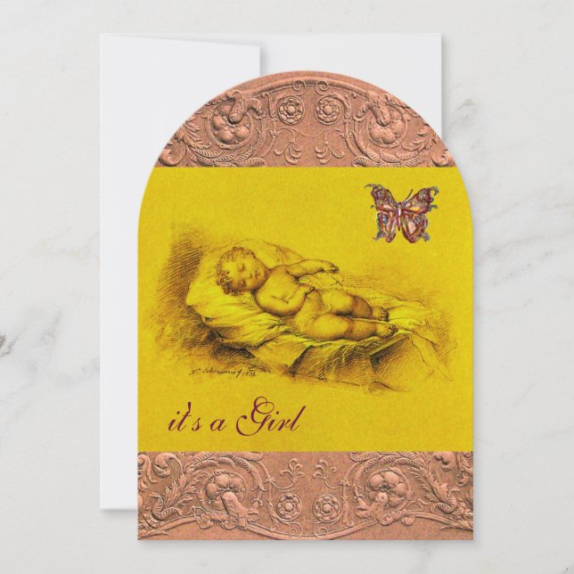 INVITATION ENFANT DORMIR, BABY SHOWER ROSE JAUNE BOUTEILLÉ (Devant)