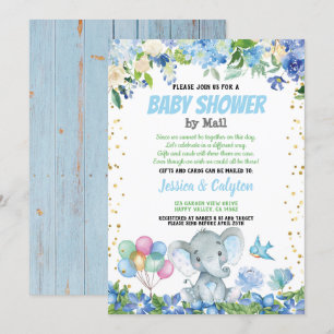 Invitation Enfant éléphant baby shower par mail bleu floral