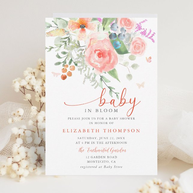 Invitation Enfant en Fleur Joyeux Jardin Floral Fille Baby sh (baby in bloom colorful floral elegant modern calligraphy garden party backyard summer spring fall)