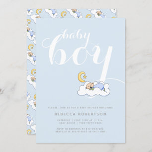 Invitation Enfant endormi douche bleu pâle typographie