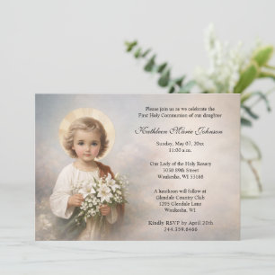 Invitation Enfant Jésus de la Première Communion avec des lys