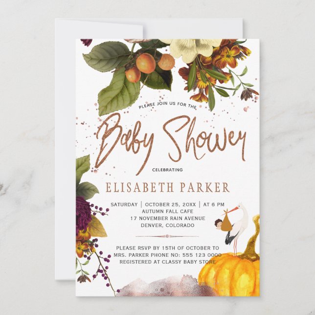 Invitation Enfant ou fille automne automne baby shower floral (Devant)